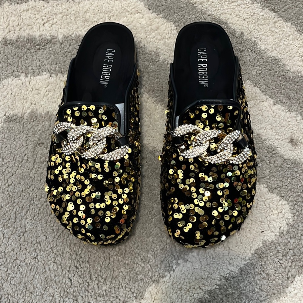 Gold sequin mules